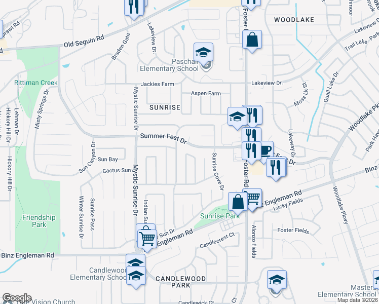 map of restaurants, bars, coffee shops, grocery stores, and more near 6034 Summer Fest Drive in San Antonio