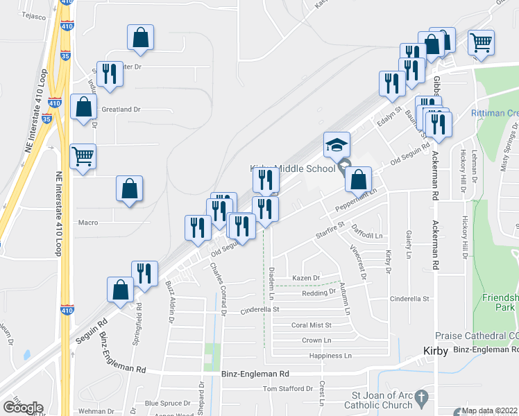 map of restaurants, bars, coffee shops, grocery stores, and more near 107 Macrae Lane in Kirby