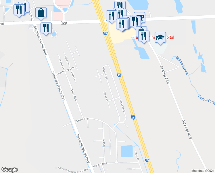 map of restaurants, bars, coffee shops, grocery stores, and more near 89 Ullian Trail in Palm Coast