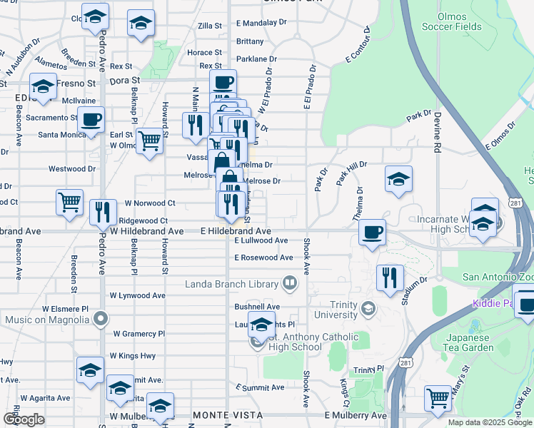 map of restaurants, bars, coffee shops, grocery stores, and more near Holland Avenue in San Antonio