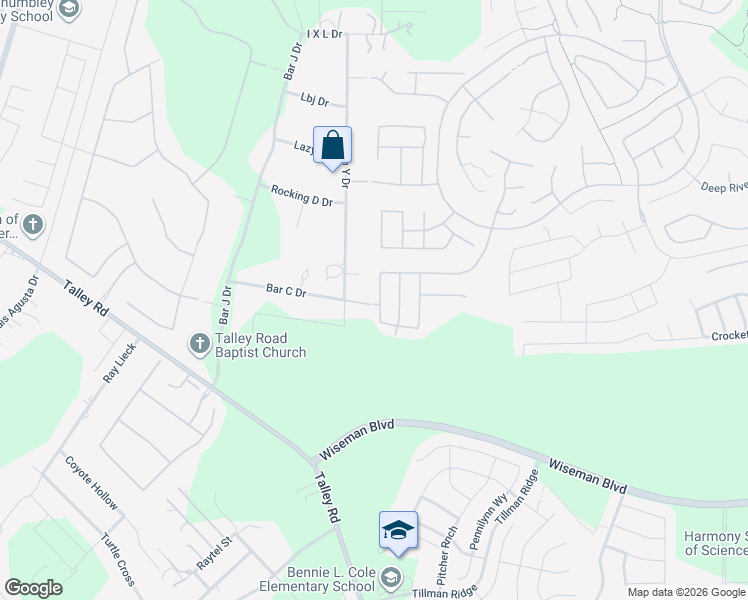 map of restaurants, bars, coffee shops, grocery stores, and more near 3405 Red Falls Road in San Antonio
