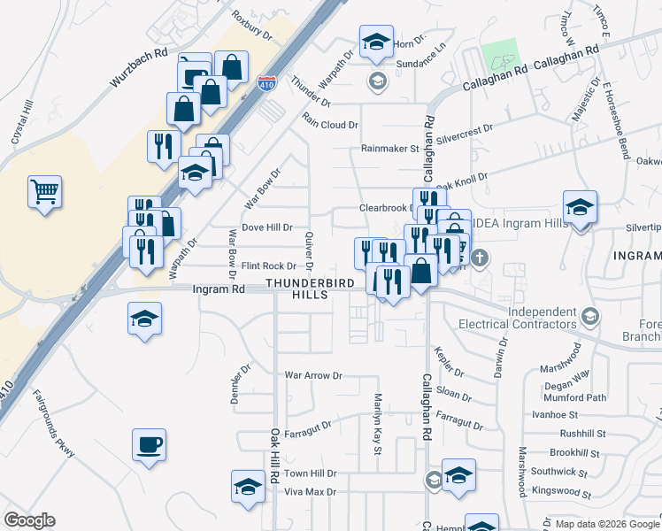 map of restaurants, bars, coffee shops, grocery stores, and more near 6139 Ingram Road in San Antonio