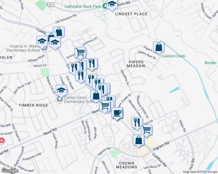 map of restaurants, bars, coffee shops, grocery stores, and more near 7770 Pipers Lane in San Antonio