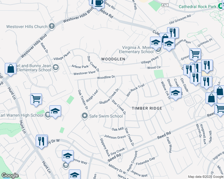 map of restaurants, bars, coffee shops, grocery stores, and more near 8318 Ridge Terrace in San Antonio