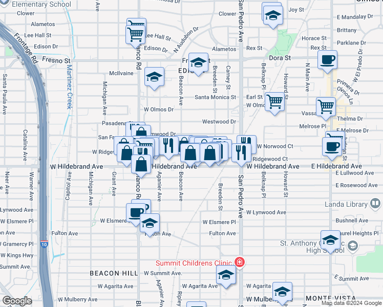 map of restaurants, bars, coffee shops, grocery stores, and more near 619 West Ridgewood Court in San Antonio