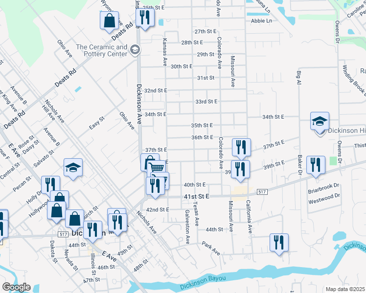 map of restaurants, bars, coffee shops, grocery stores, and more near 4501 37th Street East in Dickinson