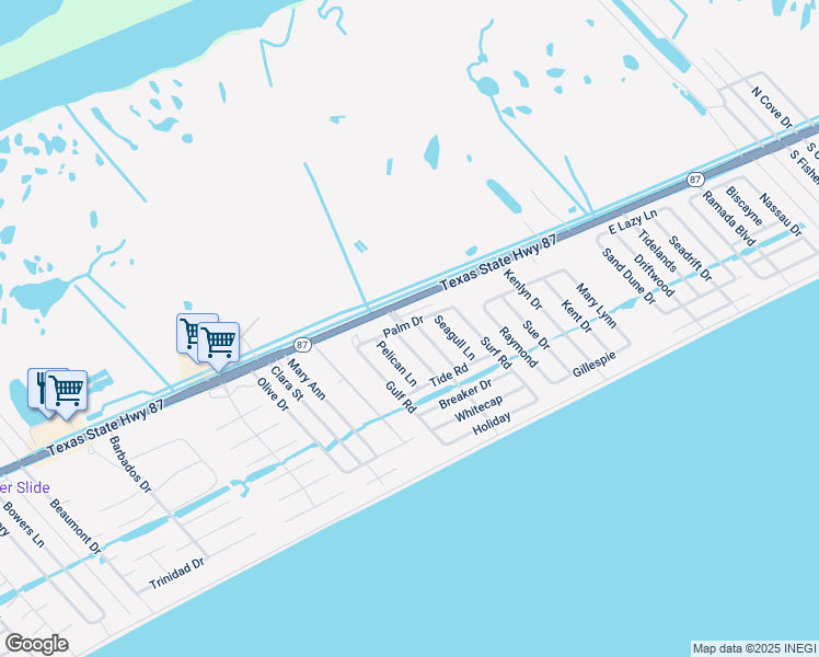 map of restaurants, bars, coffee shops, grocery stores, and more near 989 Albatros in Bolivar Peninsula