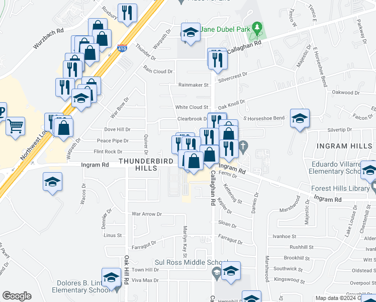 map of restaurants, bars, coffee shops, grocery stores, and more near 3500 Camino Real in San Antonio