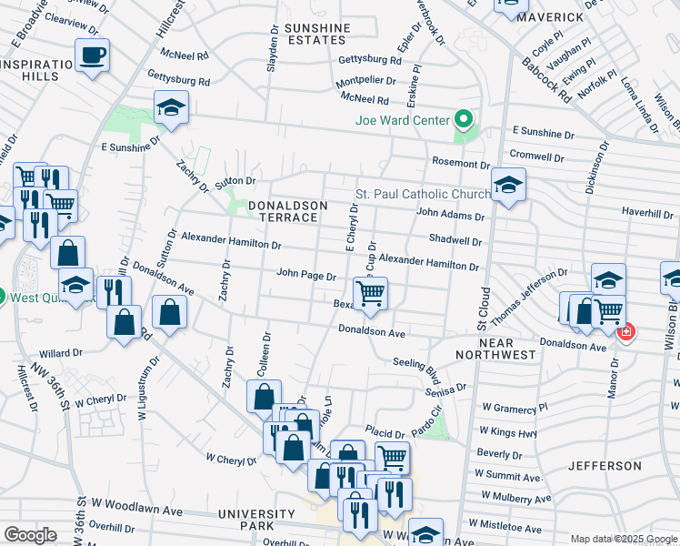 map of restaurants, bars, coffee shops, grocery stores, and more near 707 John Page Drive in San Antonio