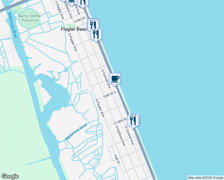 map of restaurants, bars, coffee shops, grocery stores, and more near 1539 South Central Avenue in Flagler Beach