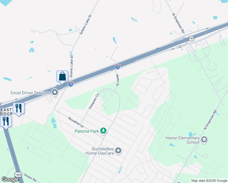 map of restaurants, bars, coffee shops, grocery stores, and more near 10661 Interstate 10 Frontage Road in Converse