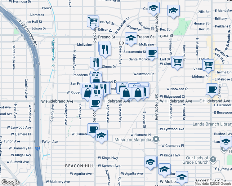 map of restaurants, bars, coffee shops, grocery stores, and more near 715 West Ridgewood Court in San Antonio