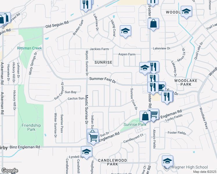 map of restaurants, bars, coffee shops, grocery stores, and more near 4183 Sunrise Creek Drive in San Antonio