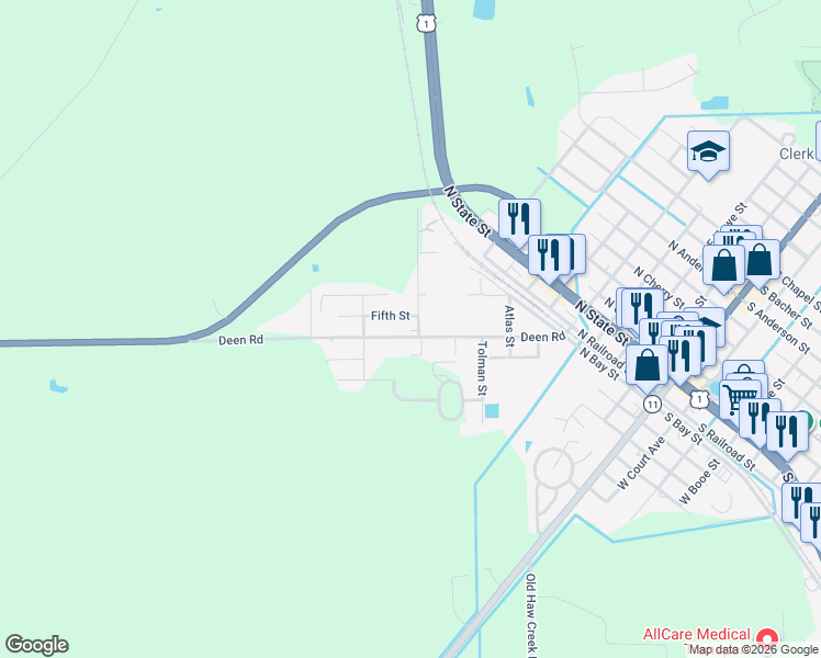 map of restaurants, bars, coffee shops, grocery stores, and more near 601 Hardy Street in Bunnell