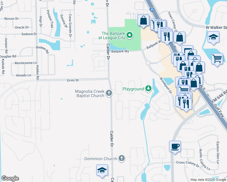 map of restaurants, bars, coffee shops, grocery stores, and more near 220 Rochester Trail Lane in Dickinson