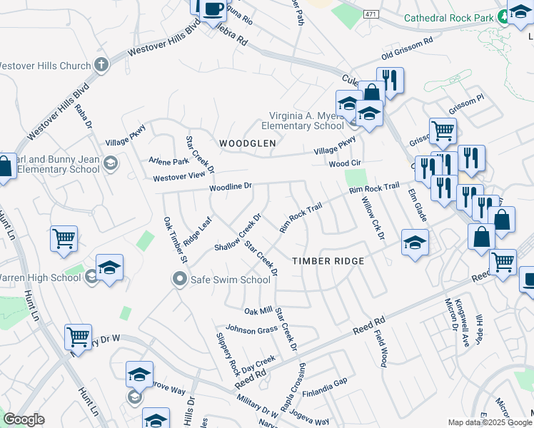 map of restaurants, bars, coffee shops, grocery stores, and more near 8402 Shallow Creek Drive in San Antonio