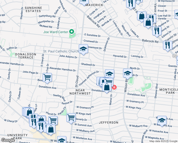 map of restaurants, bars, coffee shops, grocery stores, and more near 414 Alexander Hamilton Drive in San Antonio
