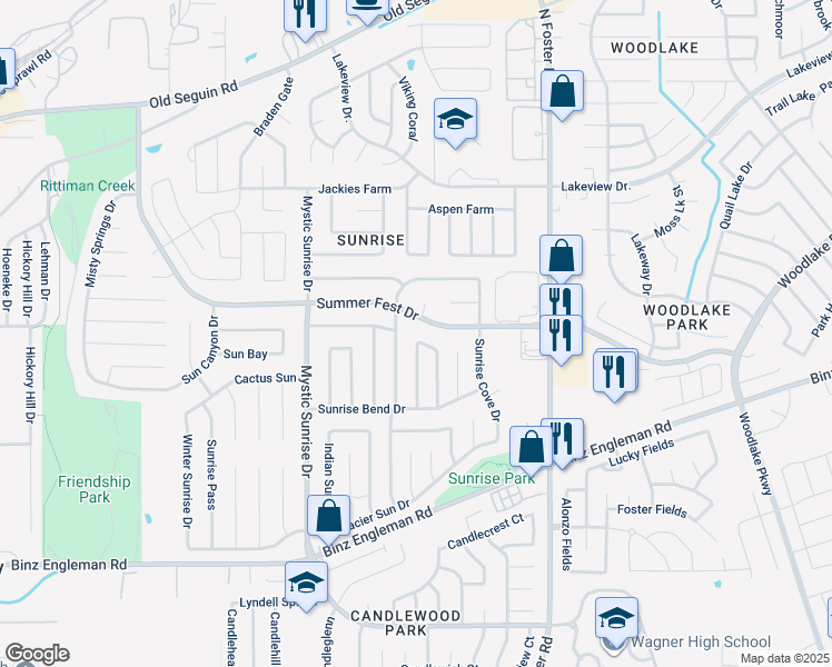 map of restaurants, bars, coffee shops, grocery stores, and more near 6003 Sunrise View Drive in San Antonio