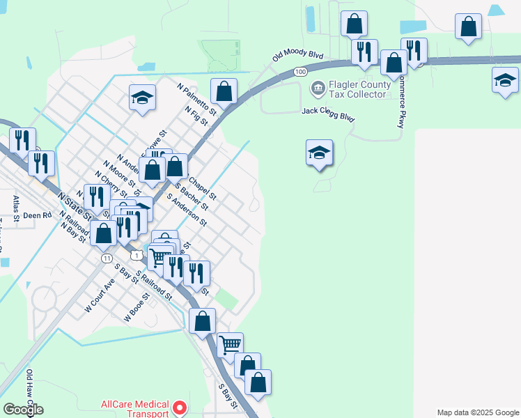map of restaurants, bars, coffee shops, grocery stores, and more near 801 Gunby Boulevard in Bunnell