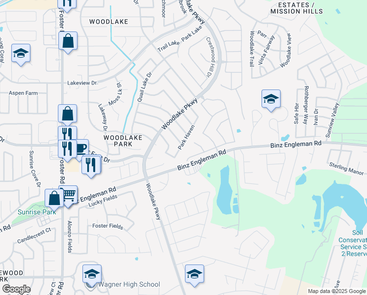 map of restaurants, bars, coffee shops, grocery stores, and more near 6734 Park Haven in San Antonio