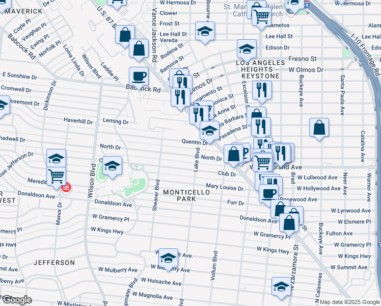 map of restaurants, bars, coffee shops, grocery stores, and more near 211 North Drive in San Antonio