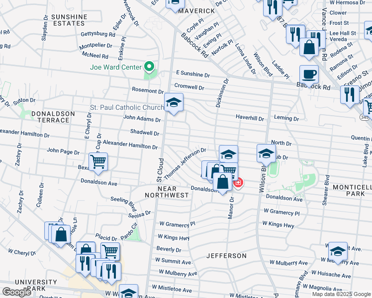 map of restaurants, bars, coffee shops, grocery stores, and more near 416 Alexander Hamilton Drive in San Antonio