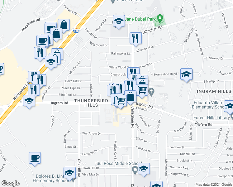 map of restaurants, bars, coffee shops, grocery stores, and more near 3500 Camino Real in San Antonio