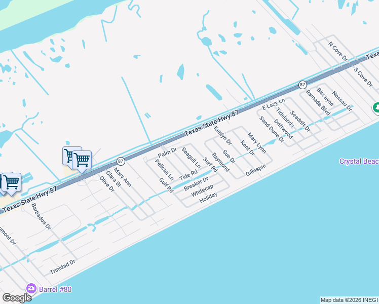 map of restaurants, bars, coffee shops, grocery stores, and more near 976 Seagull Lane in Bolivar Peninsula
