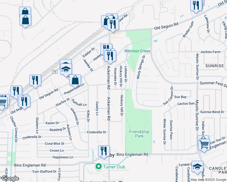 map of restaurants, bars, coffee shops, grocery stores, and more near 5514 Harris Road in San Antonio