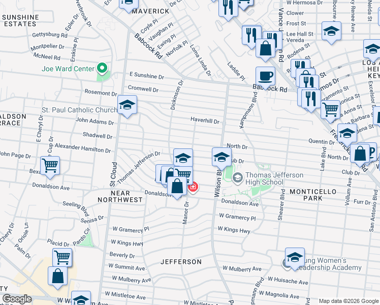 map of restaurants, bars, coffee shops, grocery stores, and more near 203 Thomas Jefferson Drive in San Antonio
