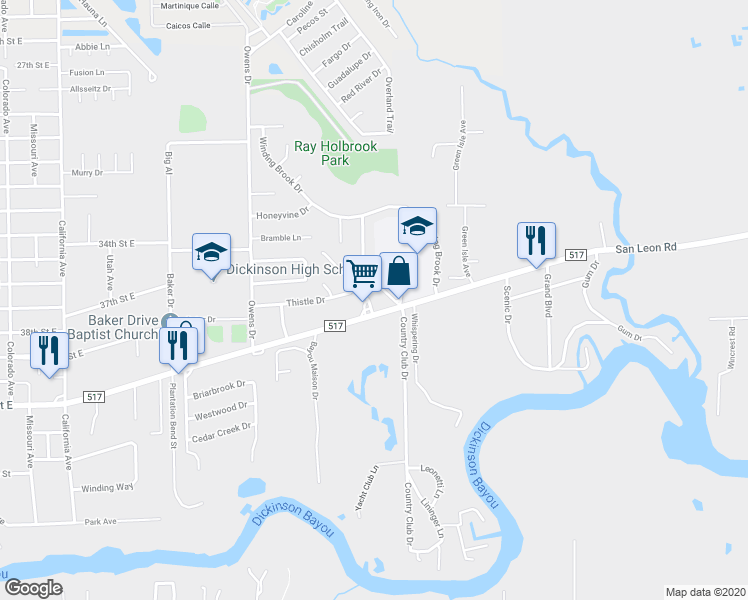 map of restaurants, bars, coffee shops, grocery stores, and more near 4017 Briar Hollow Drive in Dickinson