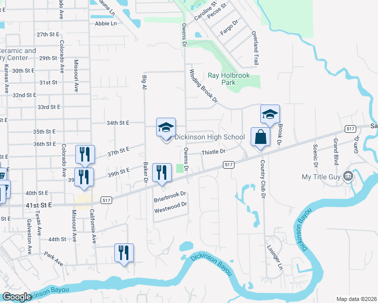 map of restaurants, bars, coffee shops, grocery stores, and more near 5303 Thistle Drive in Dickinson