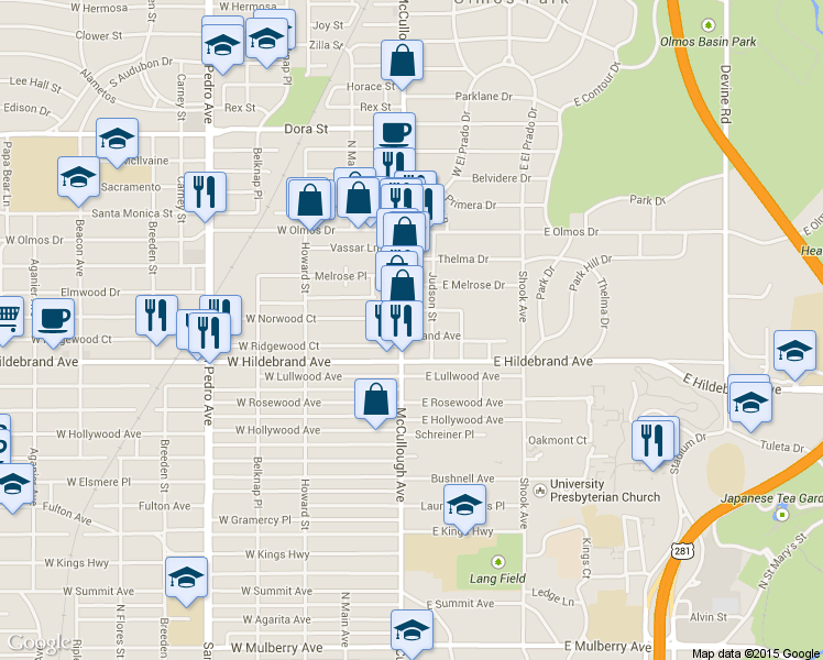 map of restaurants, bars, coffee shops, grocery stores, and more near 4014 McCullough Avenue in San Antonio