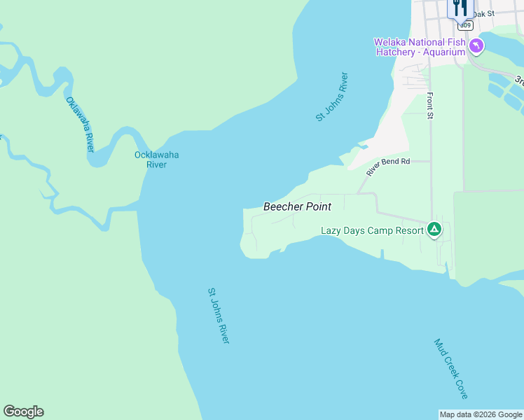 map of restaurants, bars, coffee shops, grocery stores, and more near 158 Beecher's Point Drive in Welaka