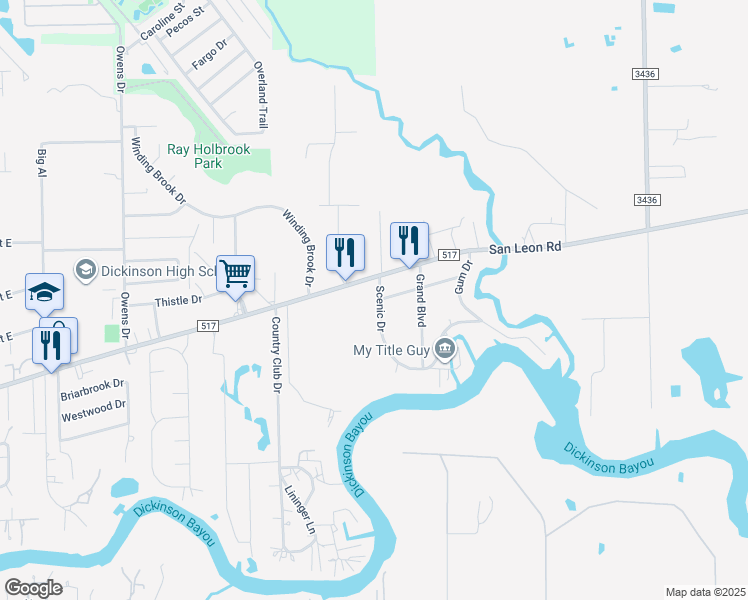 map of restaurants, bars, coffee shops, grocery stores, and more near 4108 Scenic Drive in Dickinson