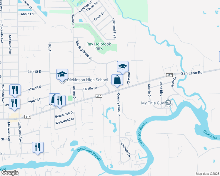 map of restaurants, bars, coffee shops, grocery stores, and more near 4017 Briar Hollow Drive in Dickinson