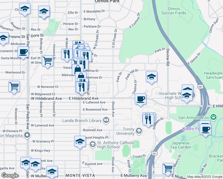map of restaurants, bars, coffee shops, grocery stores, and more near 1029 Shook Avenue in San Antonio