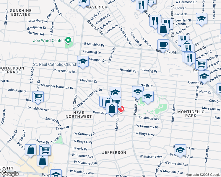 map of restaurants, bars, coffee shops, grocery stores, and more near 233 Thomas Jefferson Drive in San Antonio
