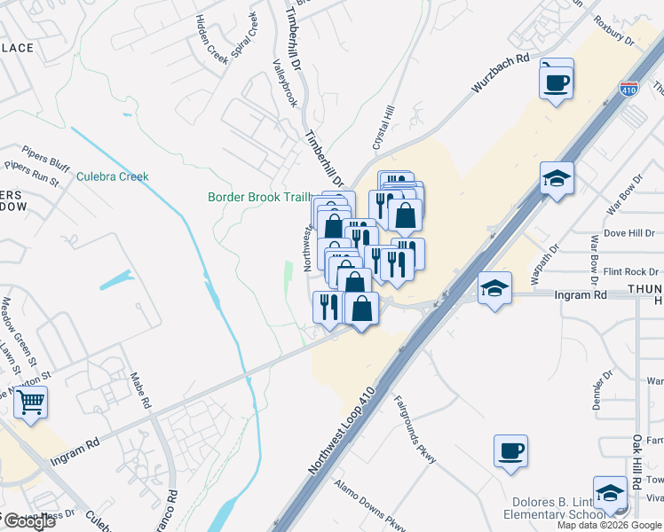 map of restaurants, bars, coffee shops, grocery stores, and more near 3362 Northwestern Drive in San Antonio