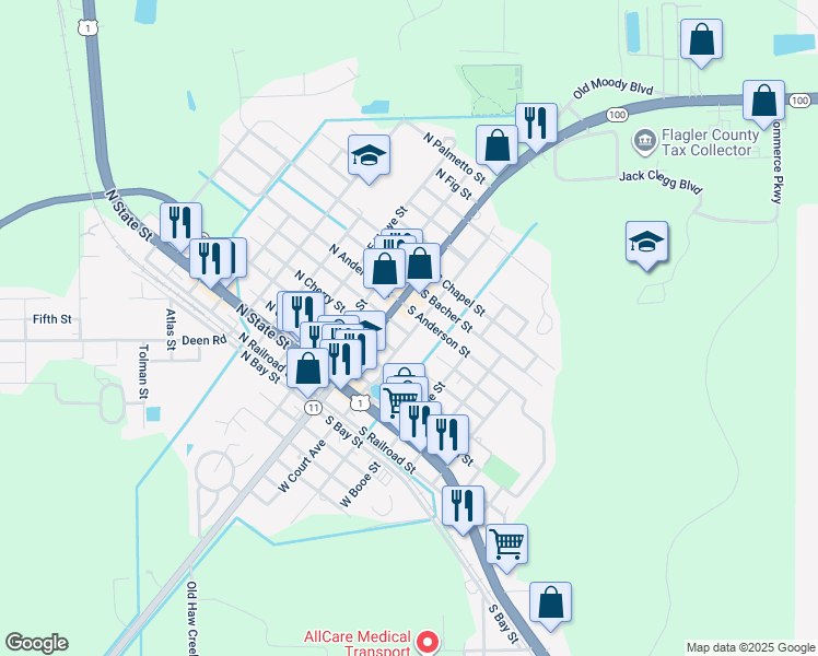 map of restaurants, bars, coffee shops, grocery stores, and more near 101-109 S Moore St in Bunnell