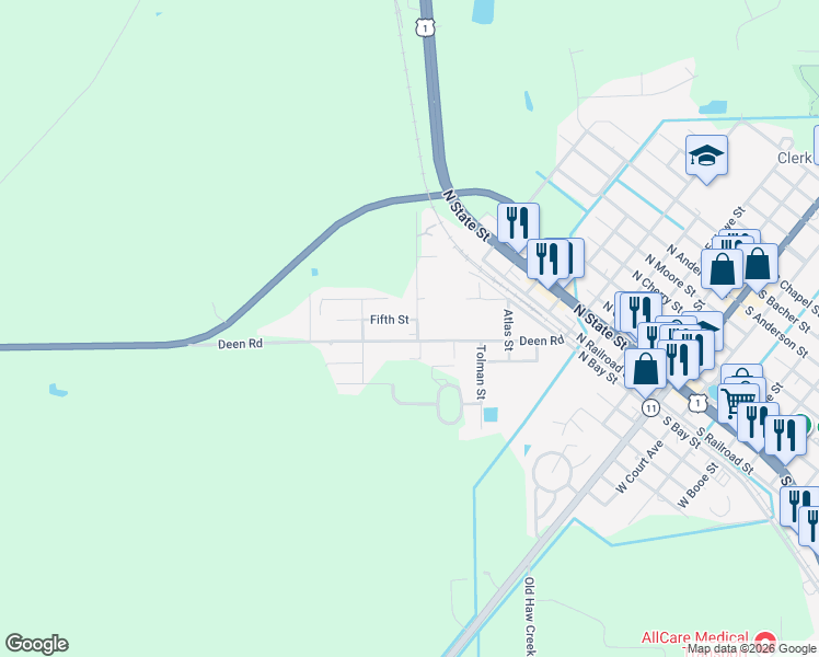 map of restaurants, bars, coffee shops, grocery stores, and more near 605 5th Avenue in Bunnell