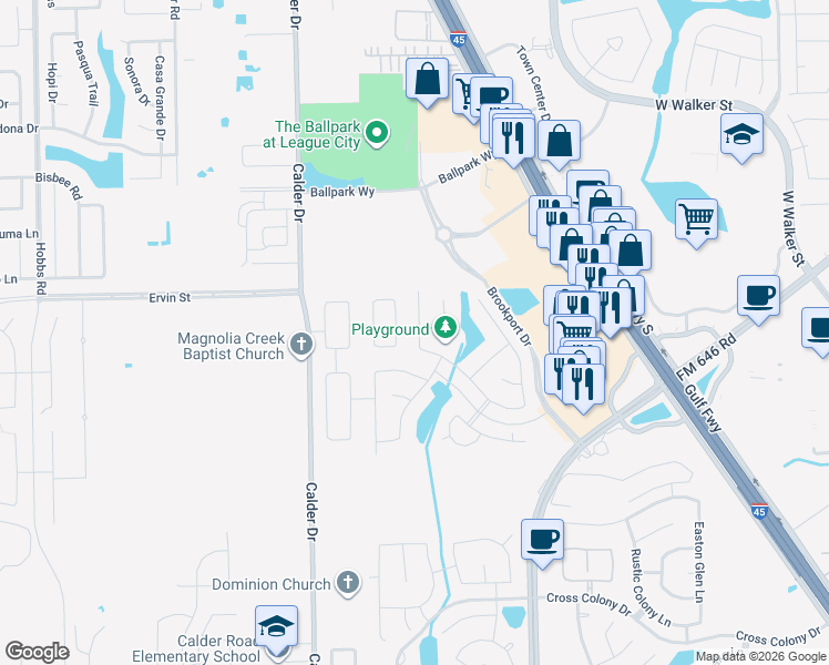 map of restaurants, bars, coffee shops, grocery stores, and more near 2905 Grant's Harbour Lane in Dickinson
