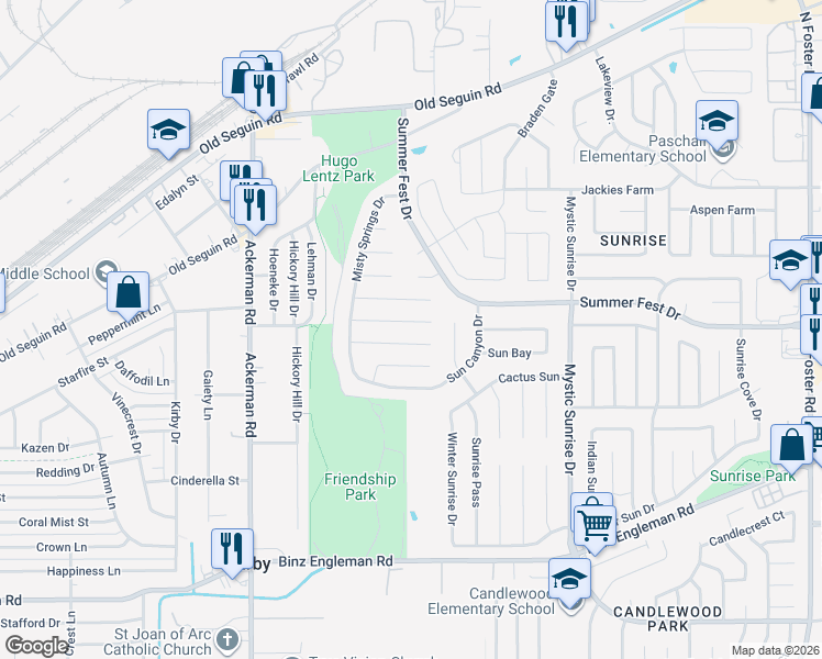 map of restaurants, bars, coffee shops, grocery stores, and more near 5758 Country Sun Drive in San Antonio