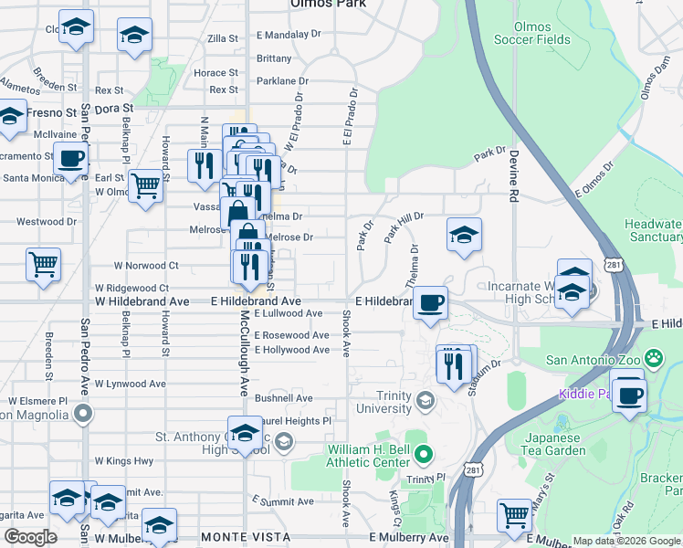 map of restaurants, bars, coffee shops, grocery stores, and more near 1029 Shook Avenue in San Antonio