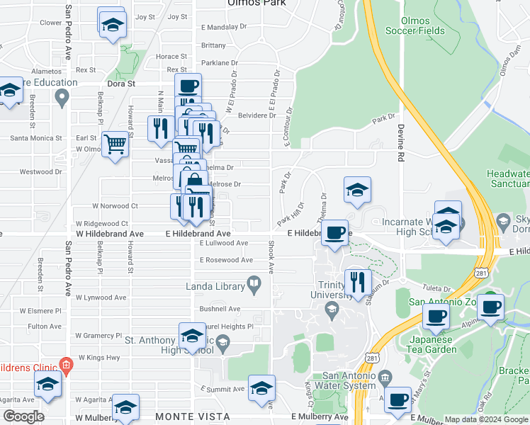 map of restaurants, bars, coffee shops, grocery stores, and more near 1029 Shook Avenue in San Antonio