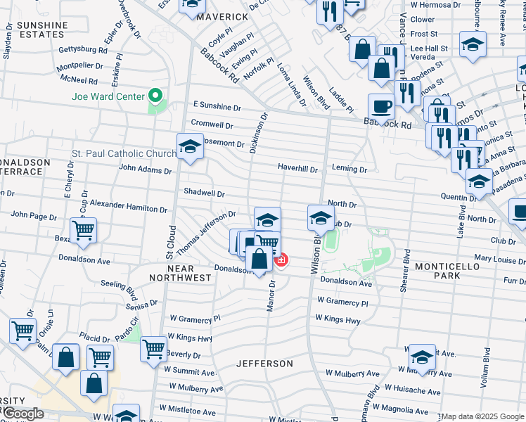 map of restaurants, bars, coffee shops, grocery stores, and more near 233 Thomas Jefferson Drive in San Antonio