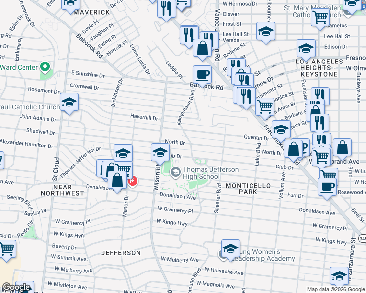 map of restaurants, bars, coffee shops, grocery stores, and more near 410 North Dr in San Antonio