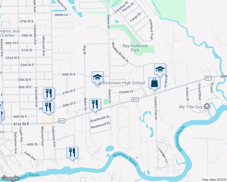map of restaurants, bars, coffee shops, grocery stores, and more near 5303 Thistle Drive in Dickinson