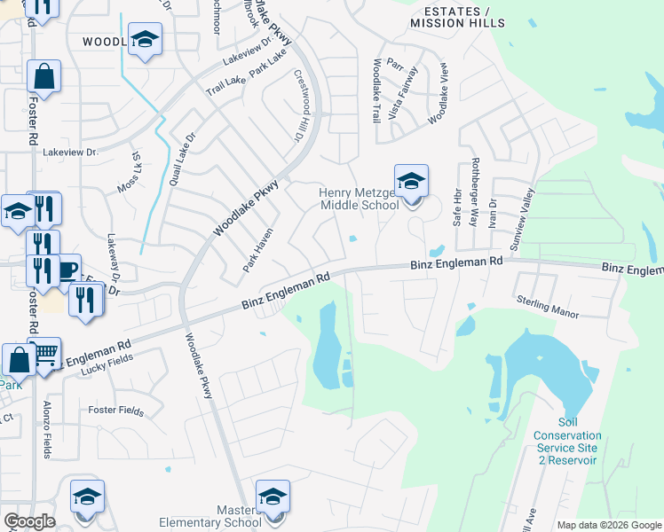 map of restaurants, bars, coffee shops, grocery stores, and more near 7414 Great Lakes Drive in San Antonio