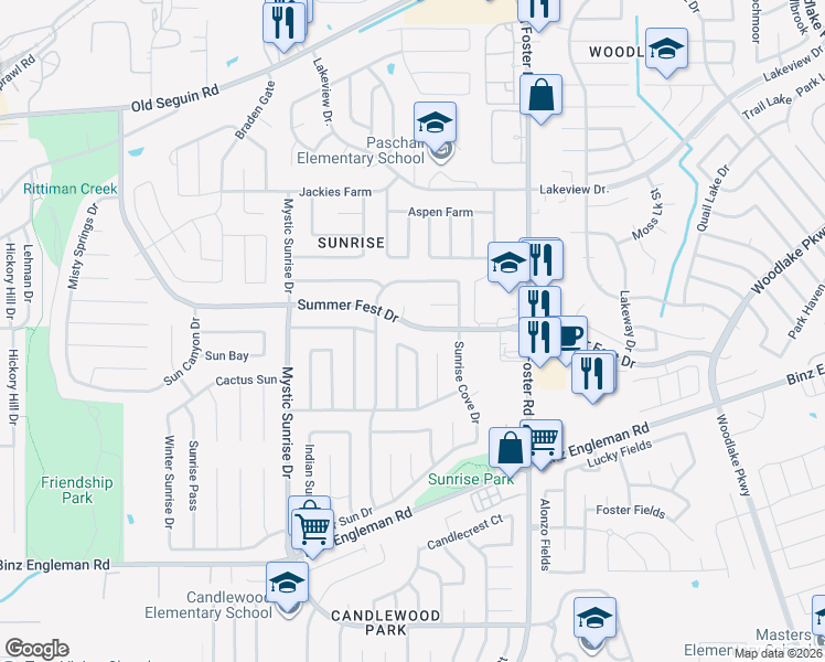 map of restaurants, bars, coffee shops, grocery stores, and more near 6034 Summer Fest Drive in San Antonio